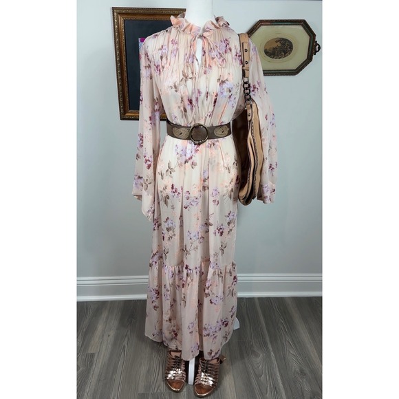 H&M Sheer Pink Floral Maxi Dress - SIZE XS Ruffle Feminine Boho Chiffon Prairie - Picture 2 of 7